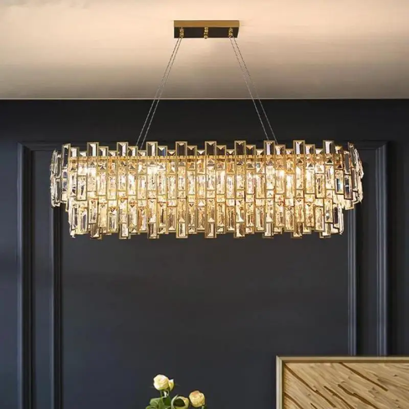 

Luxury Dining Room Pendant Lights Plate Gold Steel Led Pendant Lamp K9 Crystal Luminarias Hanging Lamp Fixtures Art Chandelier