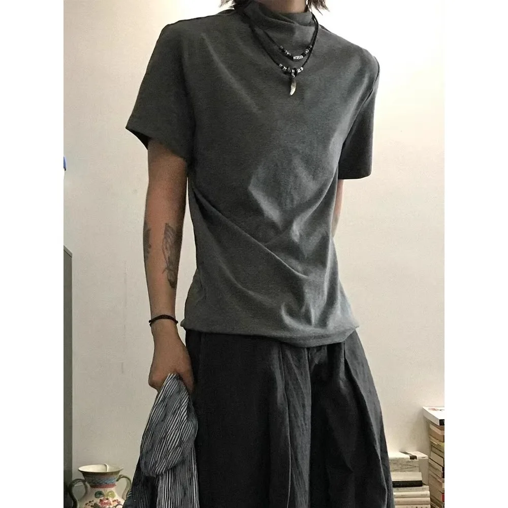 High Quality Elastic Breathable Short-sleeved T-shirt Black Dark Gray Loose