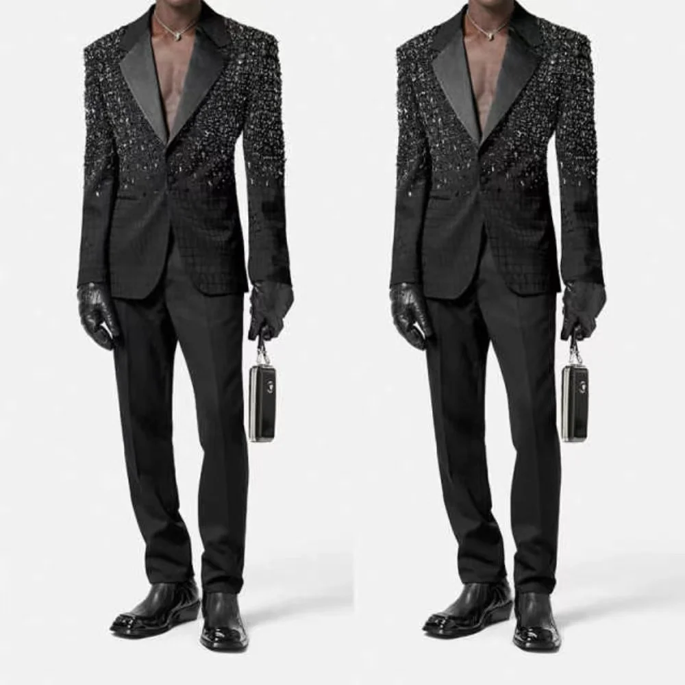 Black Printed Men Suits 2 Piece Stone Blazer+Pants Wedding Tuxedo Crystal Coat Customized Formal Office Business Jacket Trousers