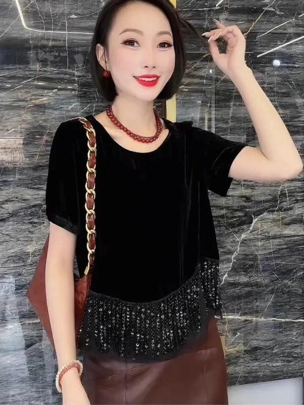 

Новинка Весна 2025: Бархатный топ с бахромой и пайетками, приталенный, универсальный, для повседневной носки, с коротким рукавом и круглым вырезом