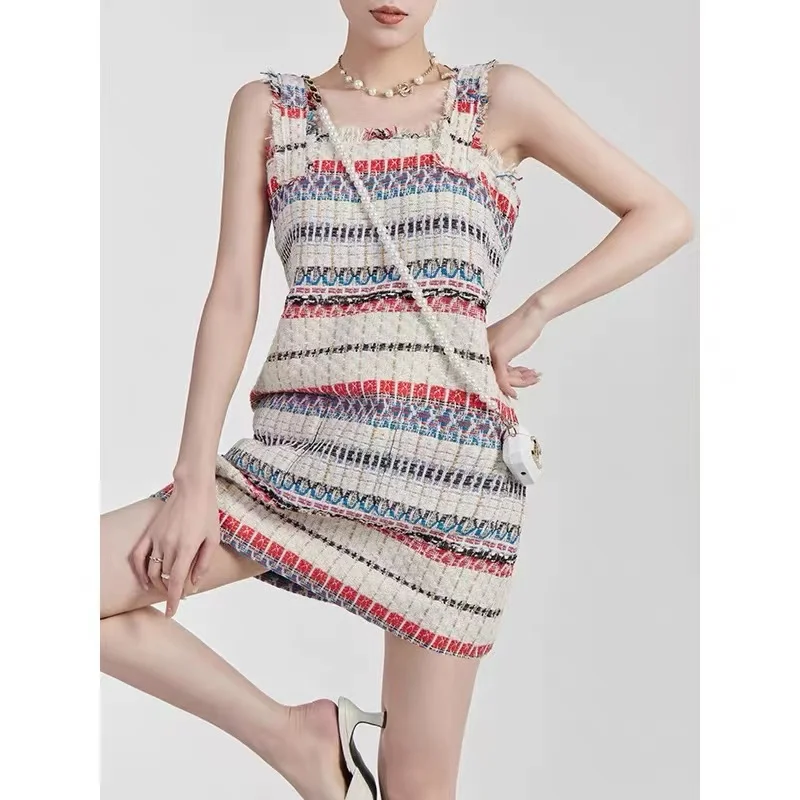 Elegant Casual Sling Tweed Mini Dress For Women Summer Sexy Sleeveless Backless Stripe Strap Party Dress With Pocket Vestidos