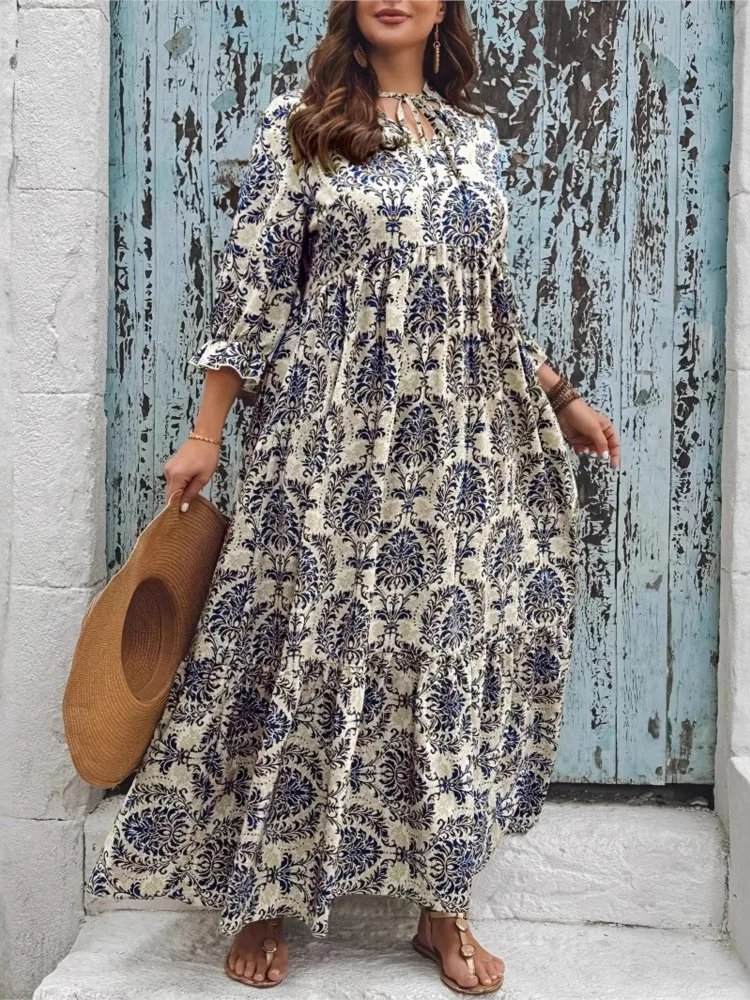 

Women's New Autumn Dress Fashion Printed Seven Quarter Sleeve Bubble Sleeve Sexy V-neck Lace Up Ankle Dresses Vintage Vestidos