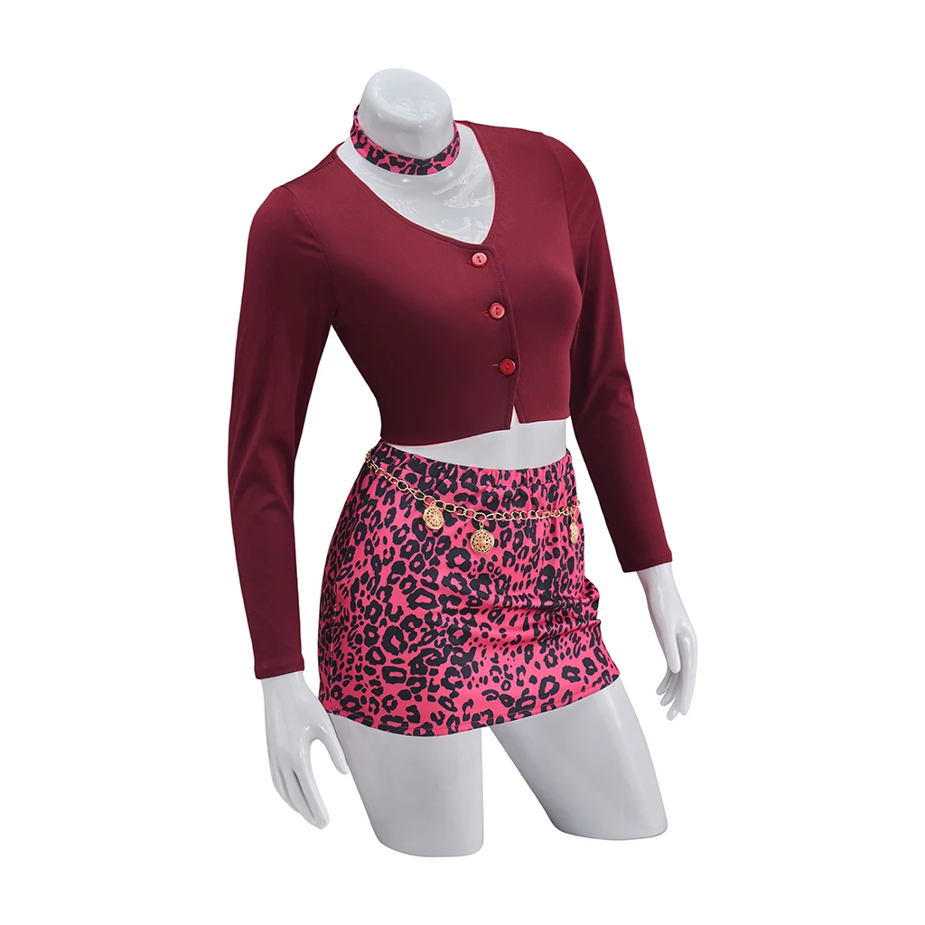 Heather Mason Cosplay Hooded Sleeveless Vest Mini Skirt Set Maria Cosplay Game Suit Wine Red Crop Top Leopard Print Mini Skirt view 2