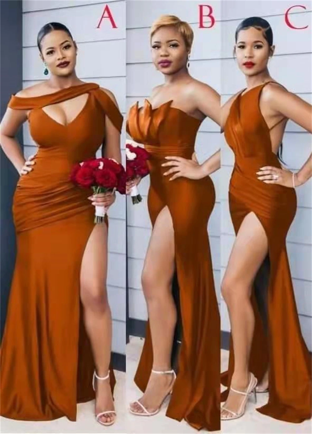 Burnt Orange Long Mermaid Bridesmaid Dresses With Slit 4 Styles Sexy Split Satin Party Gowns for Wedding Customized