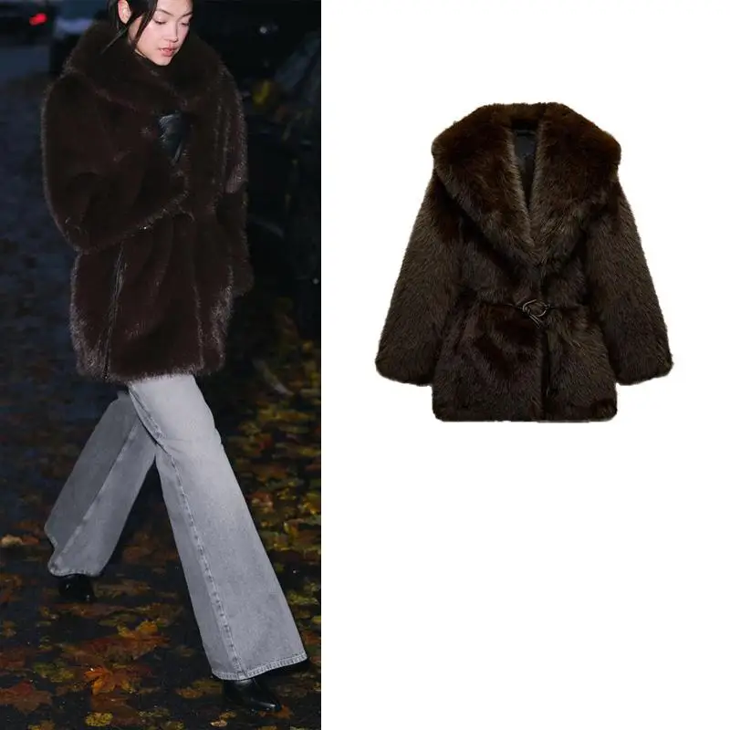 معطف نسائي جديد للخريف والشتاء بأكمام طويلة وياقة مع حزام من الفرو الصناعي المقلد للمينك سترة خارجية 638023