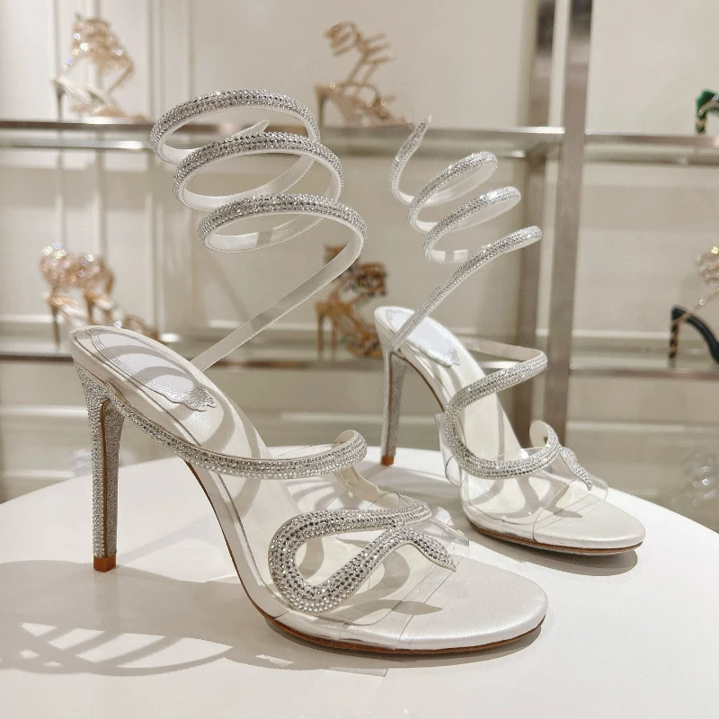 Summer Women's Fashion Sandals Rhinestones Snake Twine Around Ankle Round Toe Open Toe Crystal High Heels Women Elegant Sandals