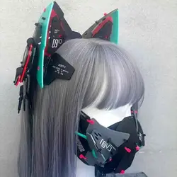 Scifi Machinery CybercosPunk Cosplay Glow Headphones Mask Anime Cat Ears Hairhoop Ear Props Helmet Mask Party For Women Men Cos