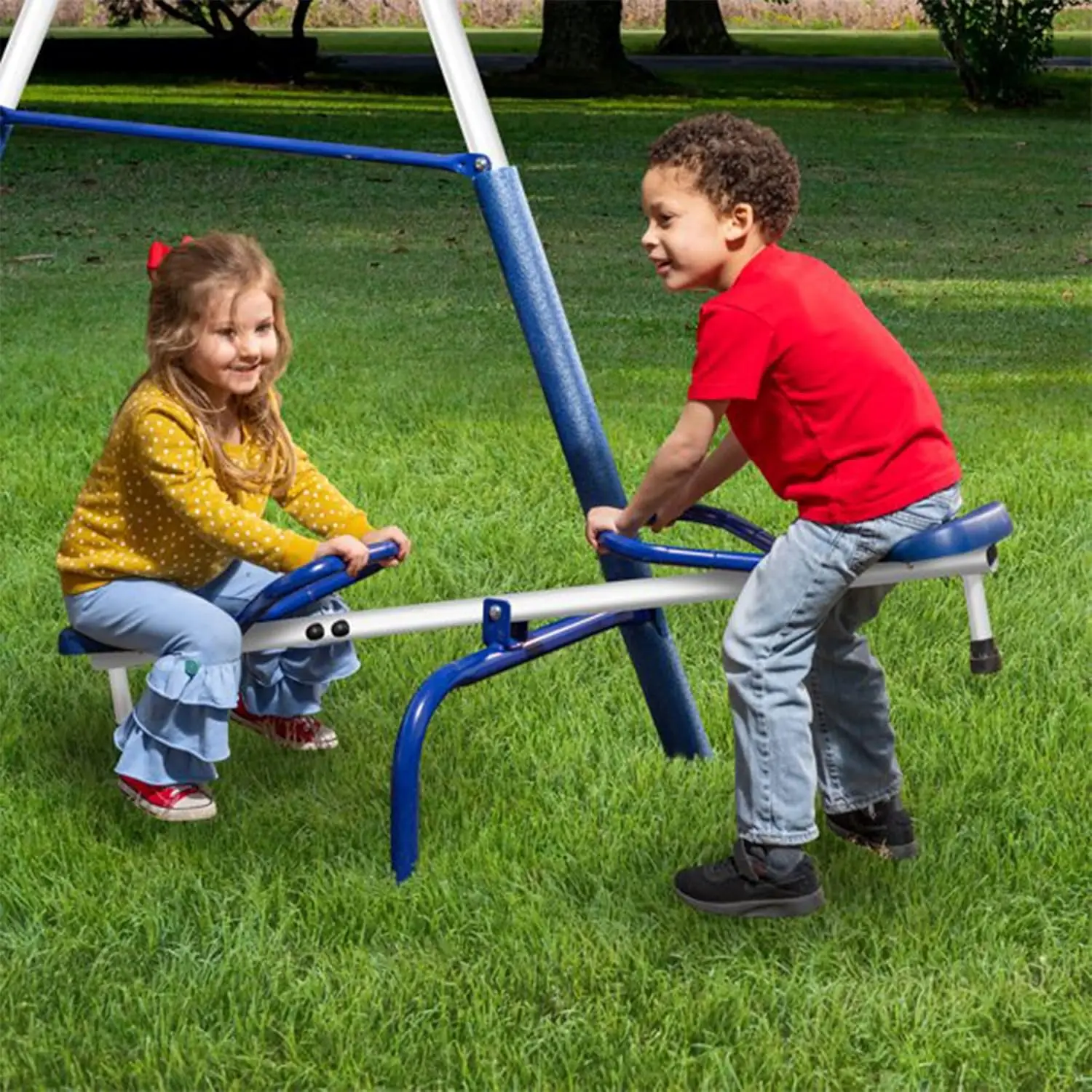 Freedom diversão metal a-frame crianças conjunto de balanço ao ar livre 7 criança capacidade quintal playground brinquedo conjunto com slide, 3 tipos de balanço e ver