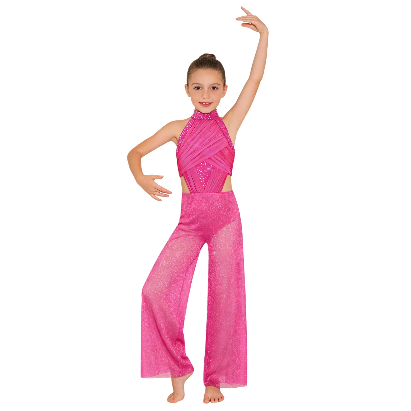 Little Girls Rhinestone Decor Cutout Sleeveless Bodysuit Lyrical Ballet Jumpsuit Dance Outfit Stage Show Competition Performance