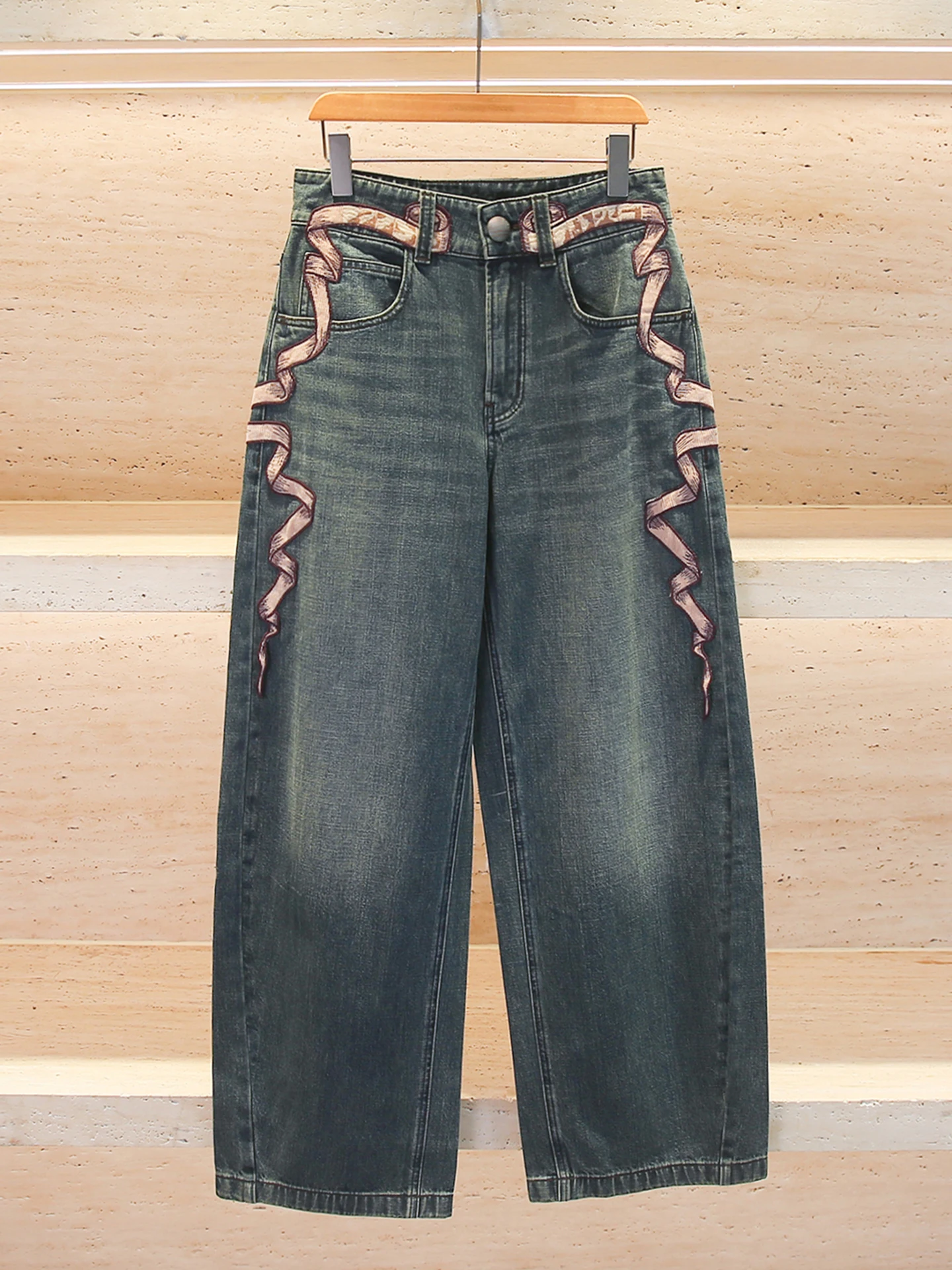 

High Waist Wide Leg Denim Pants for Women Embroidered Washed Outlook Sash Spring Summer Casual Style Comfortable Fit Blue
