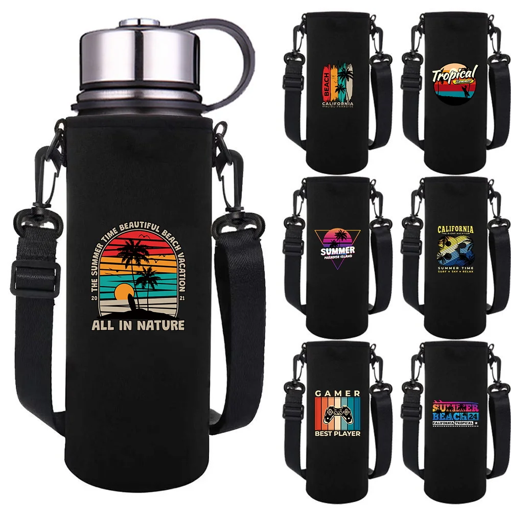 

550-1500ML Insulated Water Bottle Sleeve Bag Cover Adjustable Strap Holiday Pattern Water Cup Case Outdoor Travel Accessories
