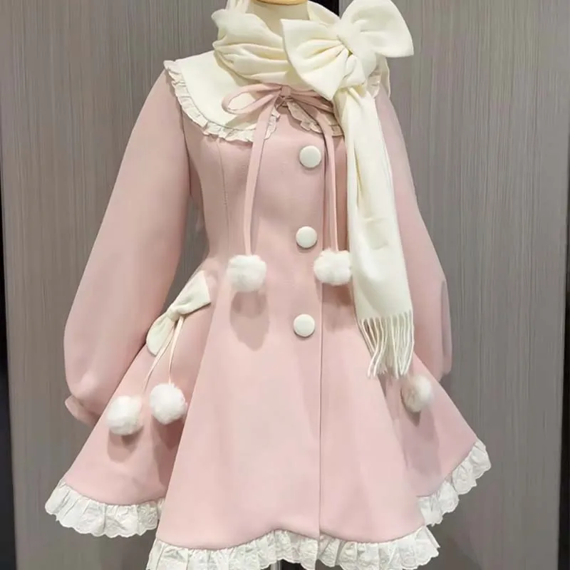 

Japanese Kawaii Cute Bow Slim Medium Long Woolen Coat Faux Fur Collar Lolita Girls Women's Wool Jacket Winter Warmth Overcoat