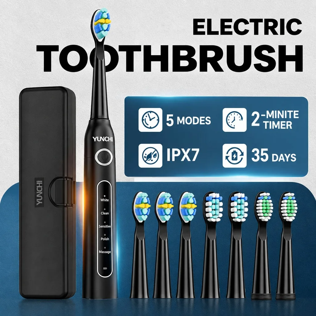 Intelligent Electric Toothbrush for Adults, Equipped with 8 Brush Heads and Travel Box, 2-Minute Timer, 30 Day Use