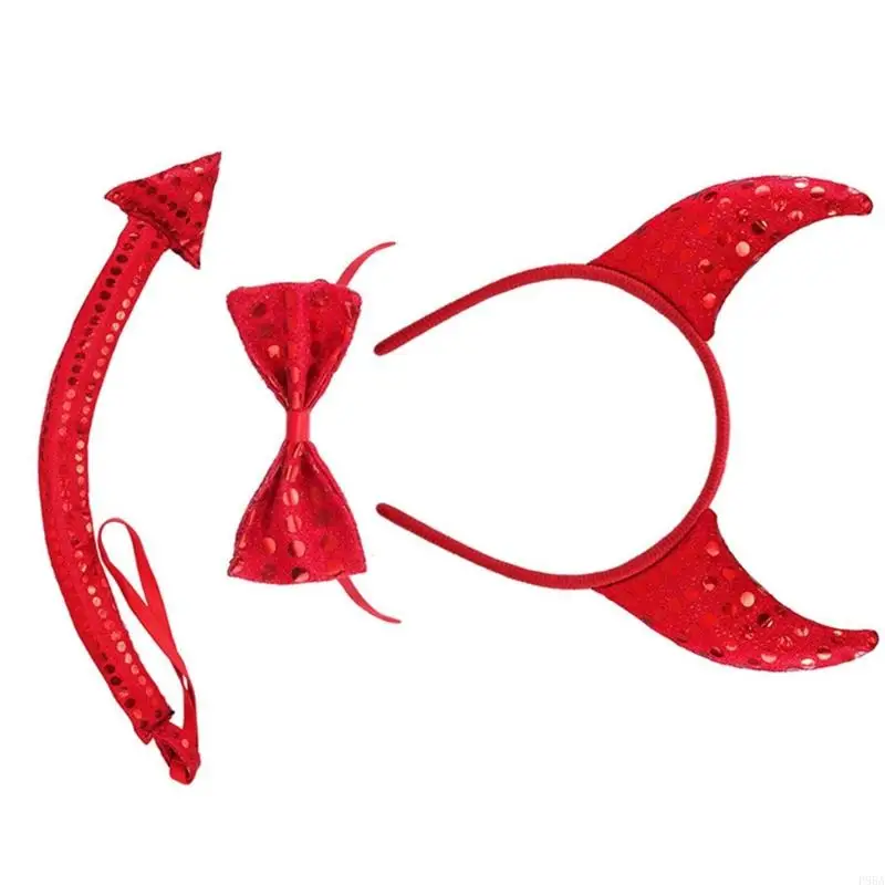 

P88A Animal Horn Headbands Devil Bowtie Red Sequins Hair Hoop Devil Tail Accessories Party Cosplay Photo Props