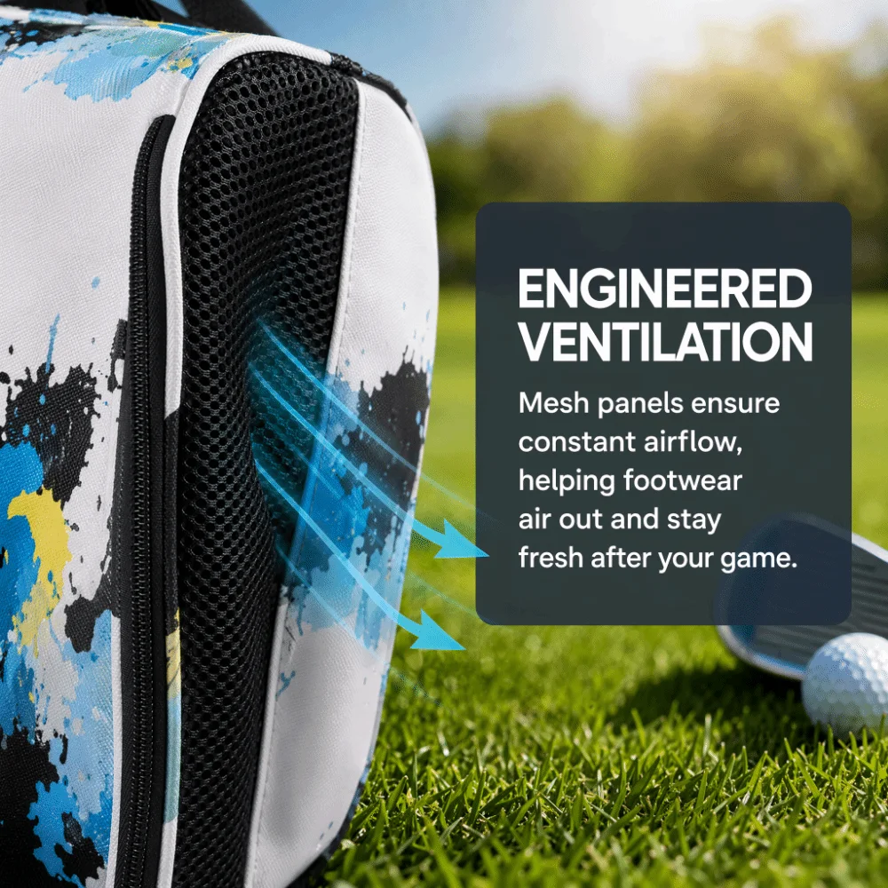 600D Nylon Golf Shoe Bag Breathable Foldable Shoe Carrier Black White Splatter Print Large Capacity Shoe Bag Footwear Storage