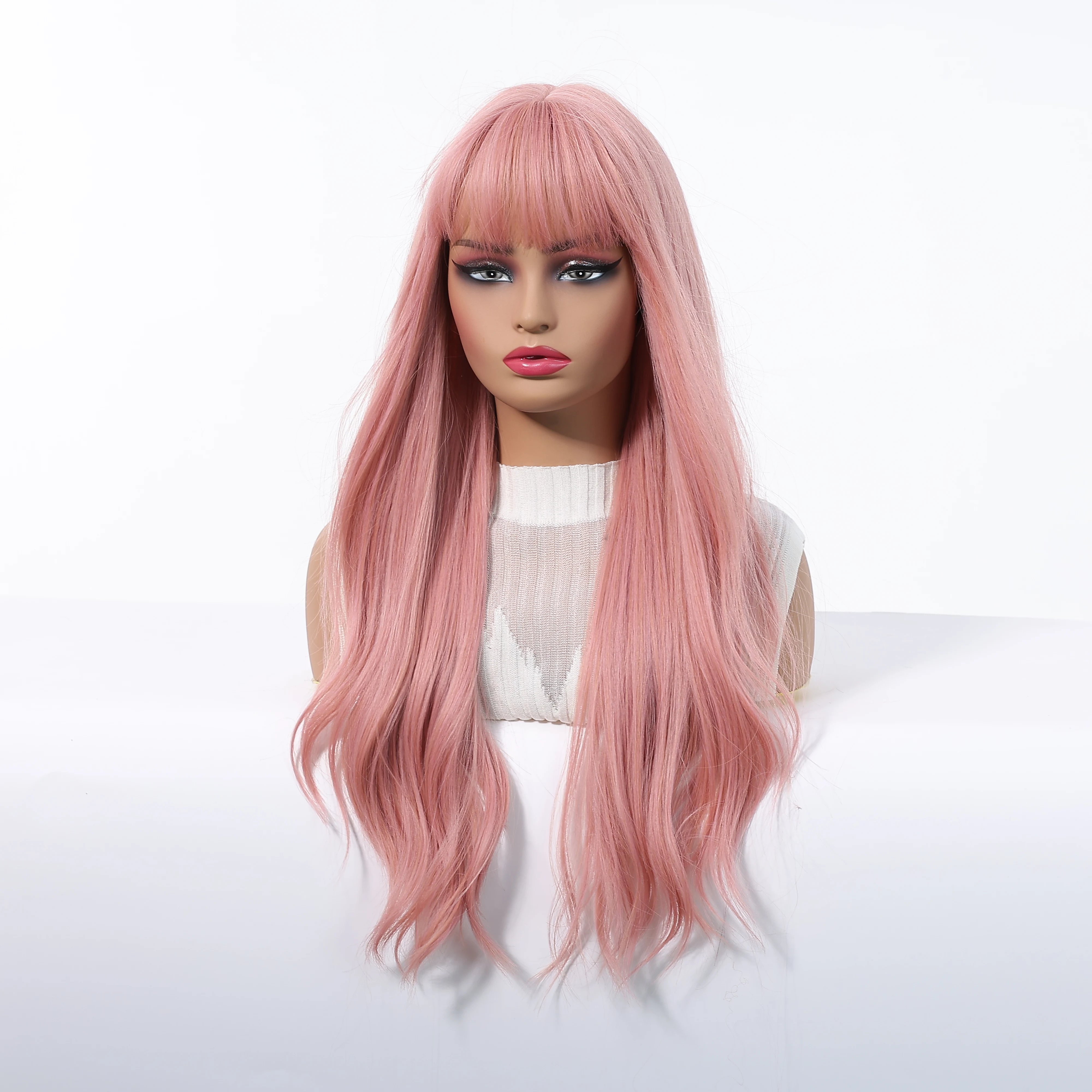 شعر مستعار طويل مموج مائي مع غرة وردي ملون، شعر مستعار حريري للنساء للحفلات اليومية، شعر صناعي ناعم طبيعي مقاوم للحرارة #2