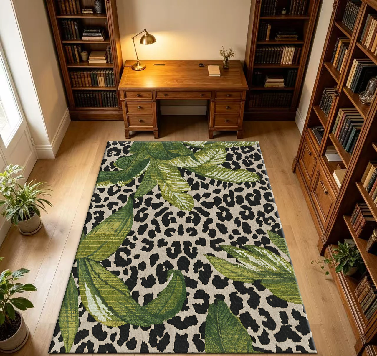 Tropical Green Leaf Leopard Print Area Rug Fashion Artistic Floor Carpet for Living Room Bedroom Home Interior Decoration