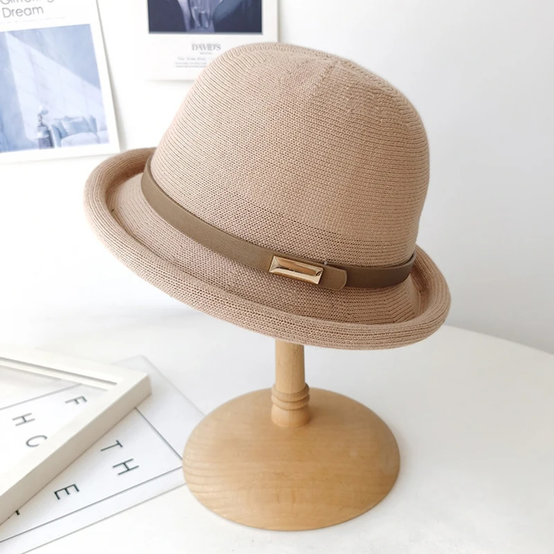 Bucket Hat for Women Breathable Cotton Linen Spring Knitted Fisherman Hats Folding Basin Cap 2024 Rolled Edge Protection Caps