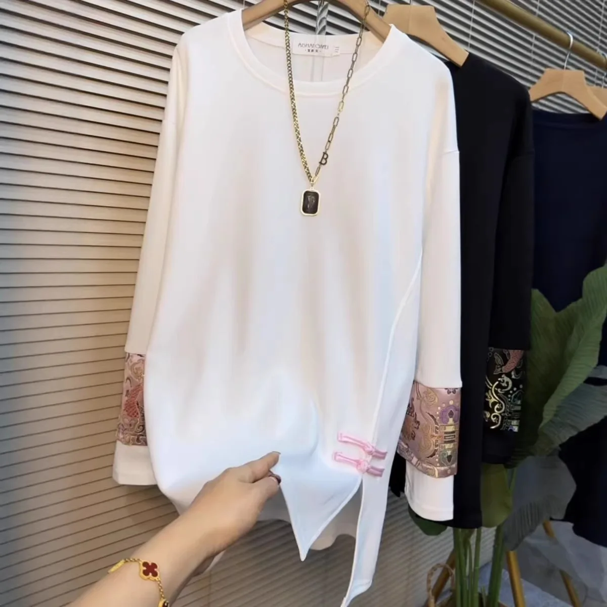 Plus-size Women's Spring And Autumn New Arrivals Versatile Chinese Style Loose Slimming Mid-length Long-sleeve T-shirt