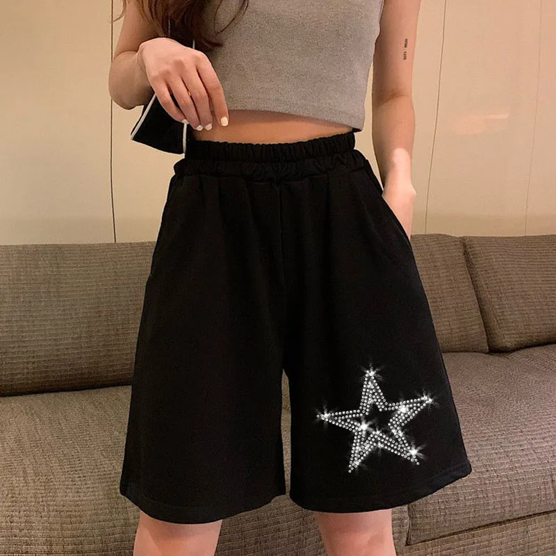 Rhinestone Stars Y2k Harajuku Black Simple Shorts Summer Women Loose Sport Casual Running Biker Korean Fashion Elasticity Shorts