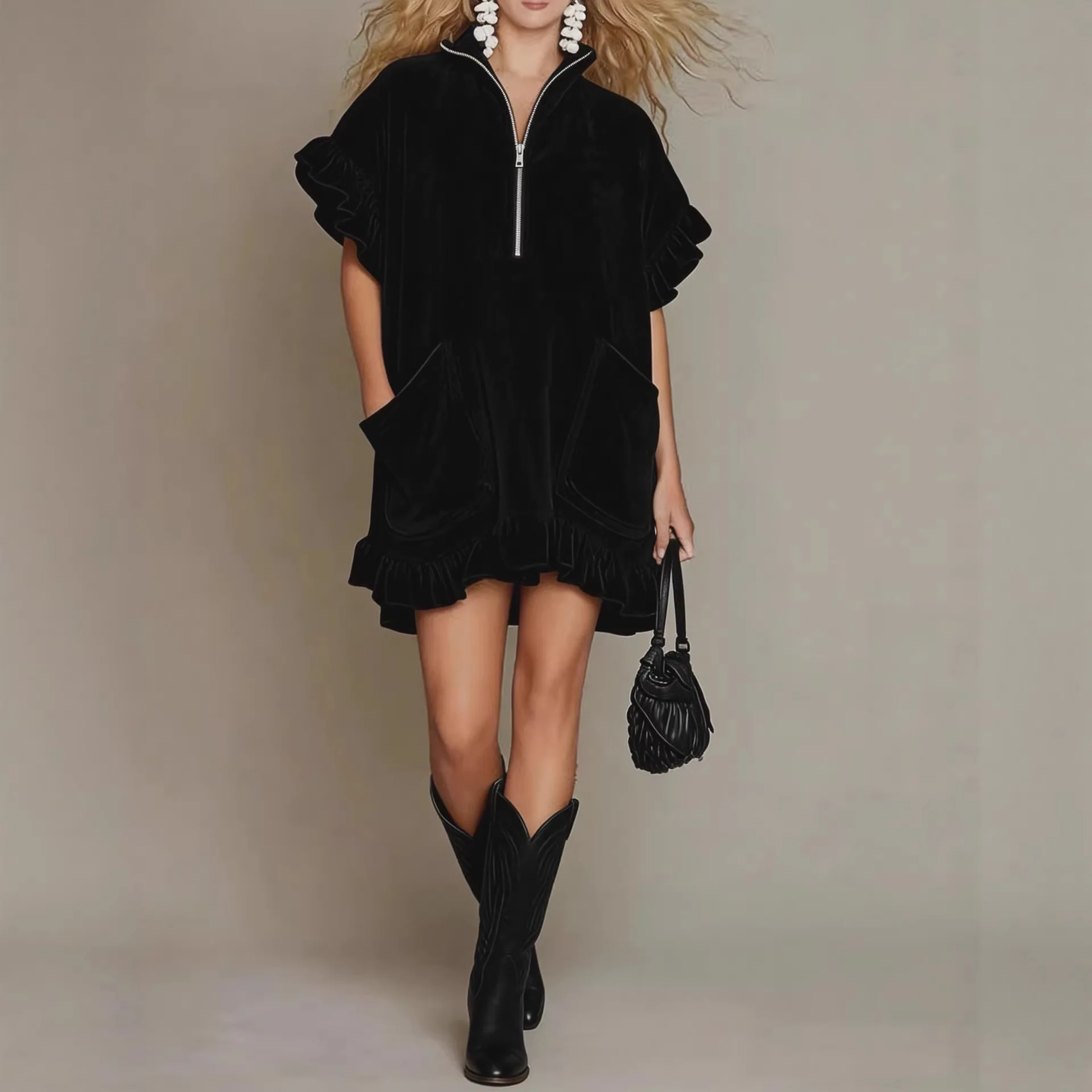 

2026 New Spring Summer Women's Half Zip Ruffle Sleeve A Line Mini Dress with Double Pockets Casual Loose Tunic Dress