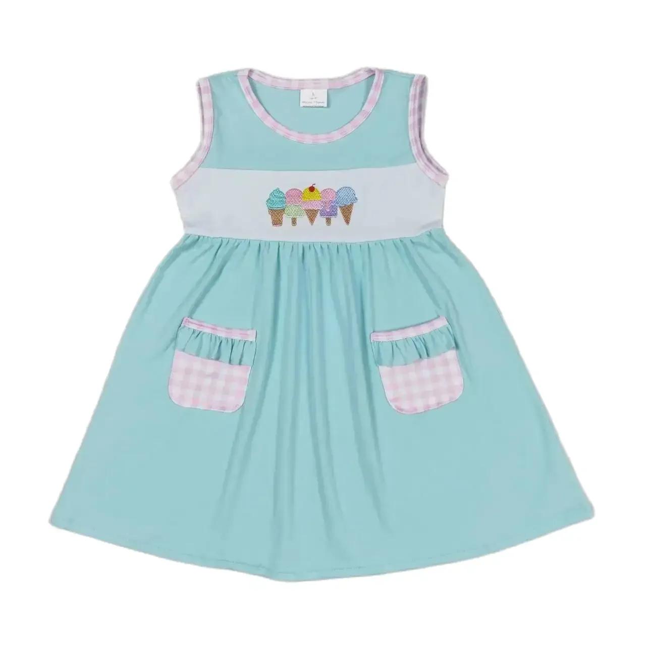 

GSD0956 Kids Girls Dresses Sleeves Top Embroidered Ice Cream Plaid Pocket Print With Dress Children Clothes