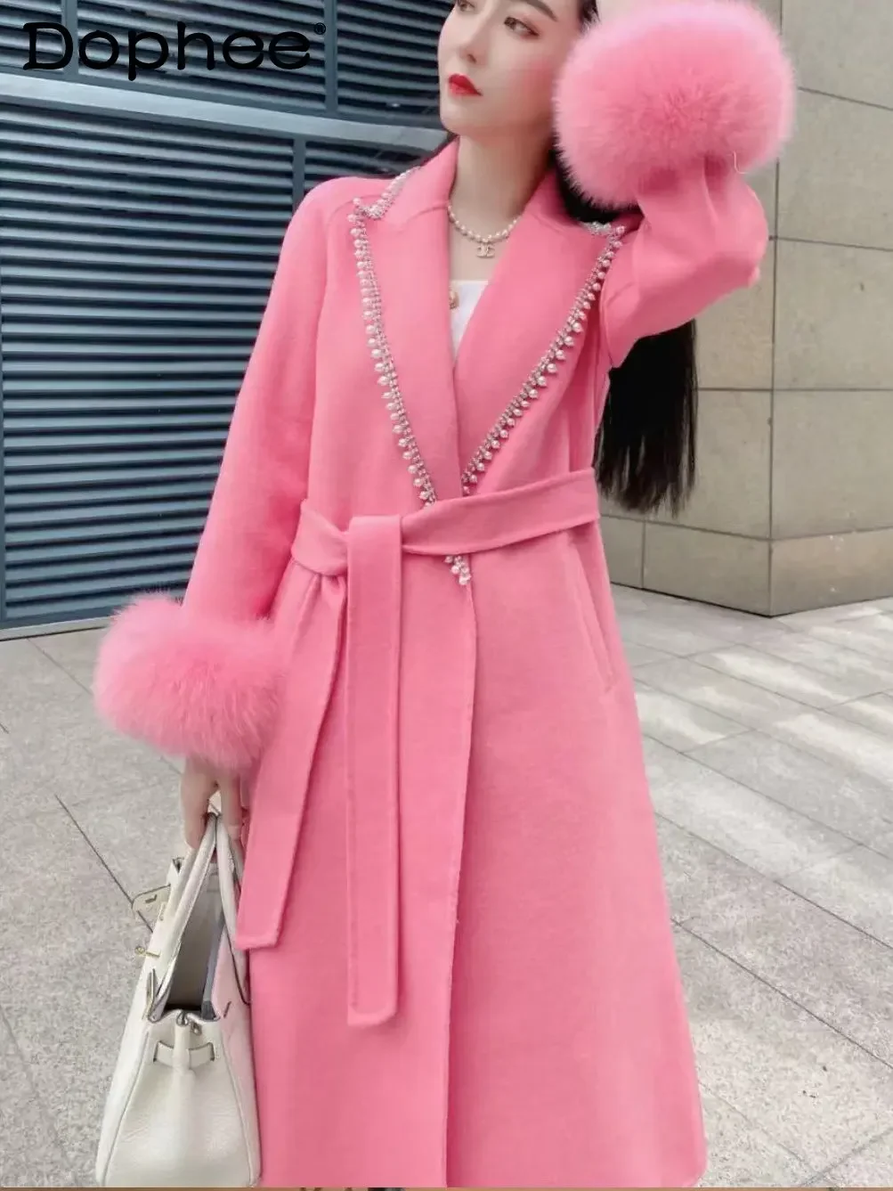 Winter New Heavy Faux Fur Sleeve Rhinestone Pearl Sweet Pink Wool Coat Women High-End Double-Sided Cashmere Coat Overcoat