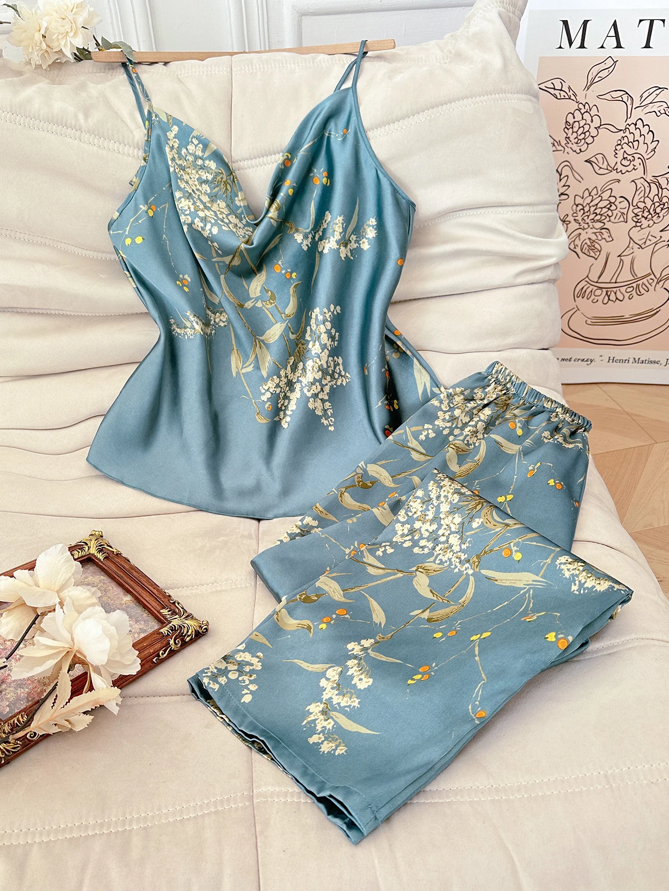 

Сорочка с вишневым принтом, длинные брюки, повседневный удобный женский комплект одежды для сна