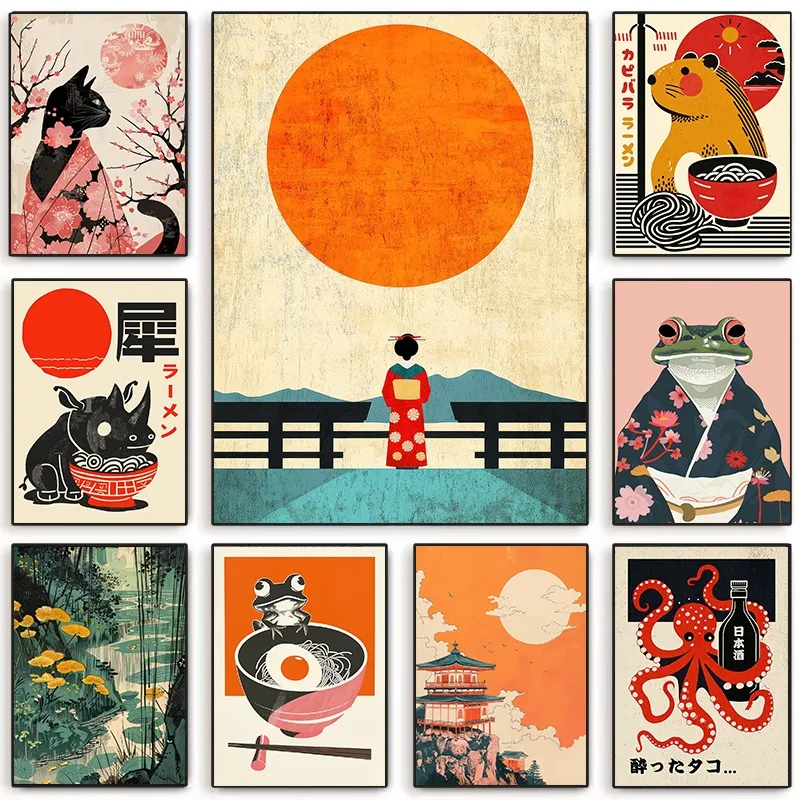 Samurai Frog Kimono Cat Canvas Print Whimsical Japanese Woodcut Style Poster Funny Humorous Animal Wall Art for Bedroom Office