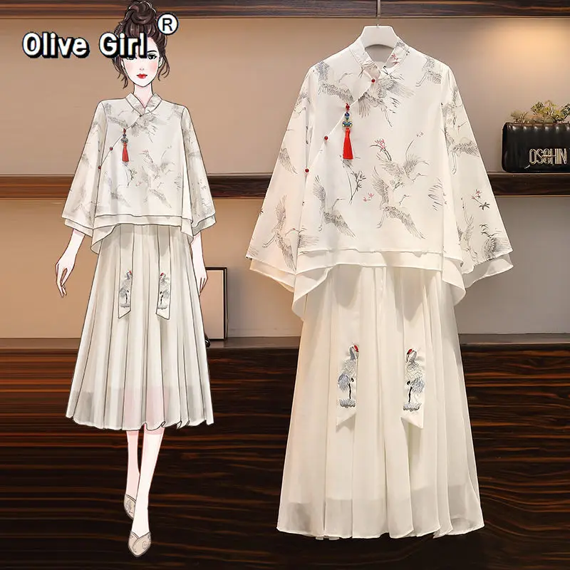 Plus Size Traditional Chinese Hanfu Crane Two-piece suit chiffon Elegant Blouse Embroidery National Women's Clothes Oversized