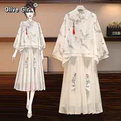 Plus Size Traditional Chinese Hanfu Crane Two-piece suit chiffon Elegant Blouse Embroidery National Women's Clothes Oversized