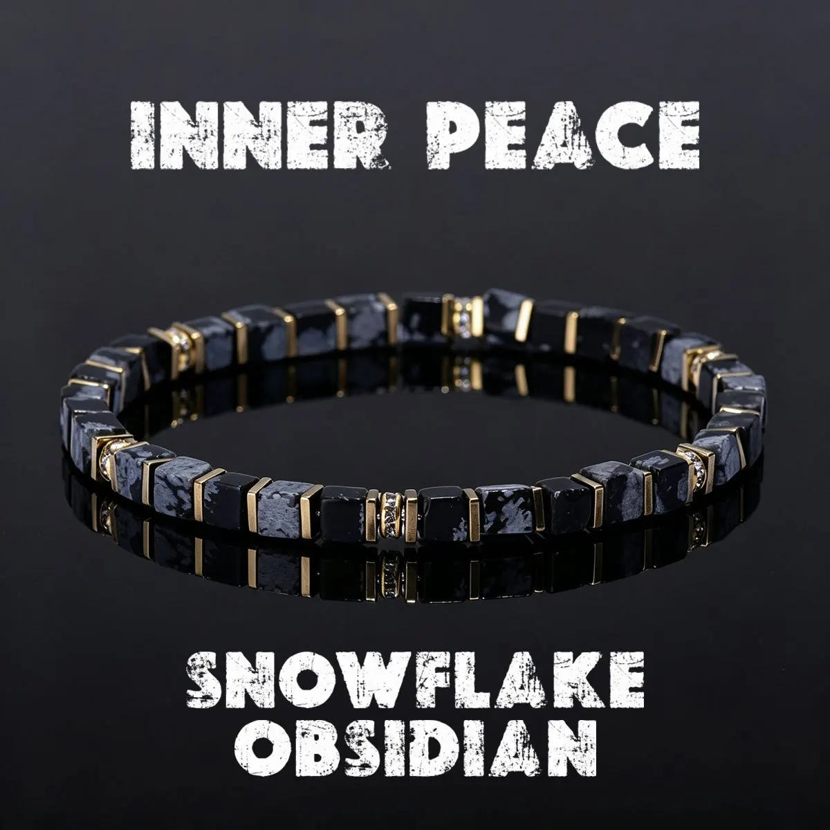 Leisure style snowflake obsidian block bead bracelet, symbolizing inner peace, handmade elastic rope waterproof jewelry, unisex