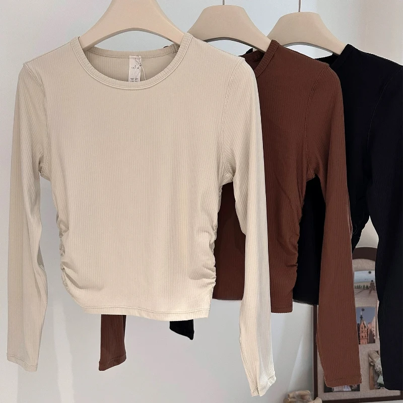 

Женский спортивный высокоэластичный легкий быстросохнущий дышащий ребристый круглый вырез впитывающий пот с длинным рукавом спортивный йога фитнес тонкий