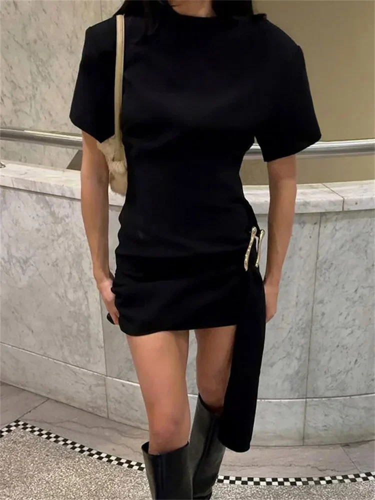ファッションメタリックスリムミニドレス女性半袖ハイウエストフリルエレガントな包帯パーティードレス女性のボディコンドレス
