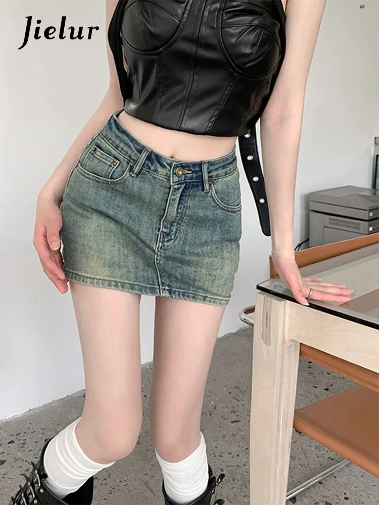 

Jielur Summer New Slim Fit High Waist Denim Skirts Woman Retro Slim Sexy Tight Hip Women Skirts Blue Simple Basic Casual Skirts