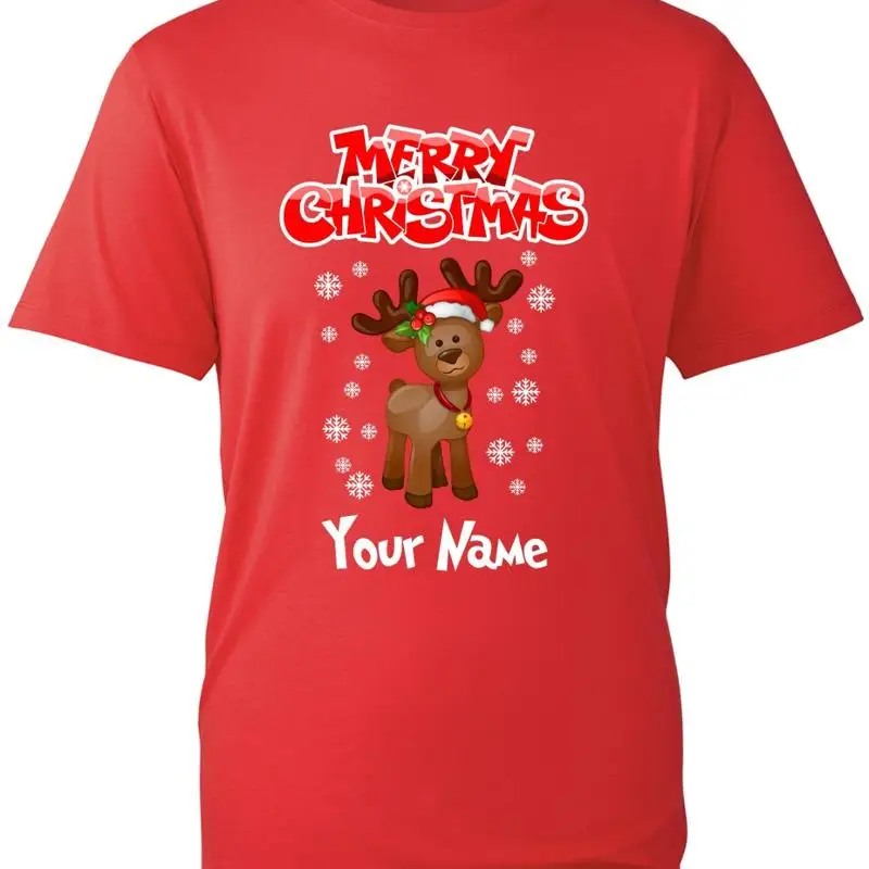

Personalised Merry Christmas Rudolph Name T Shirt Funny Santa Xmas Top