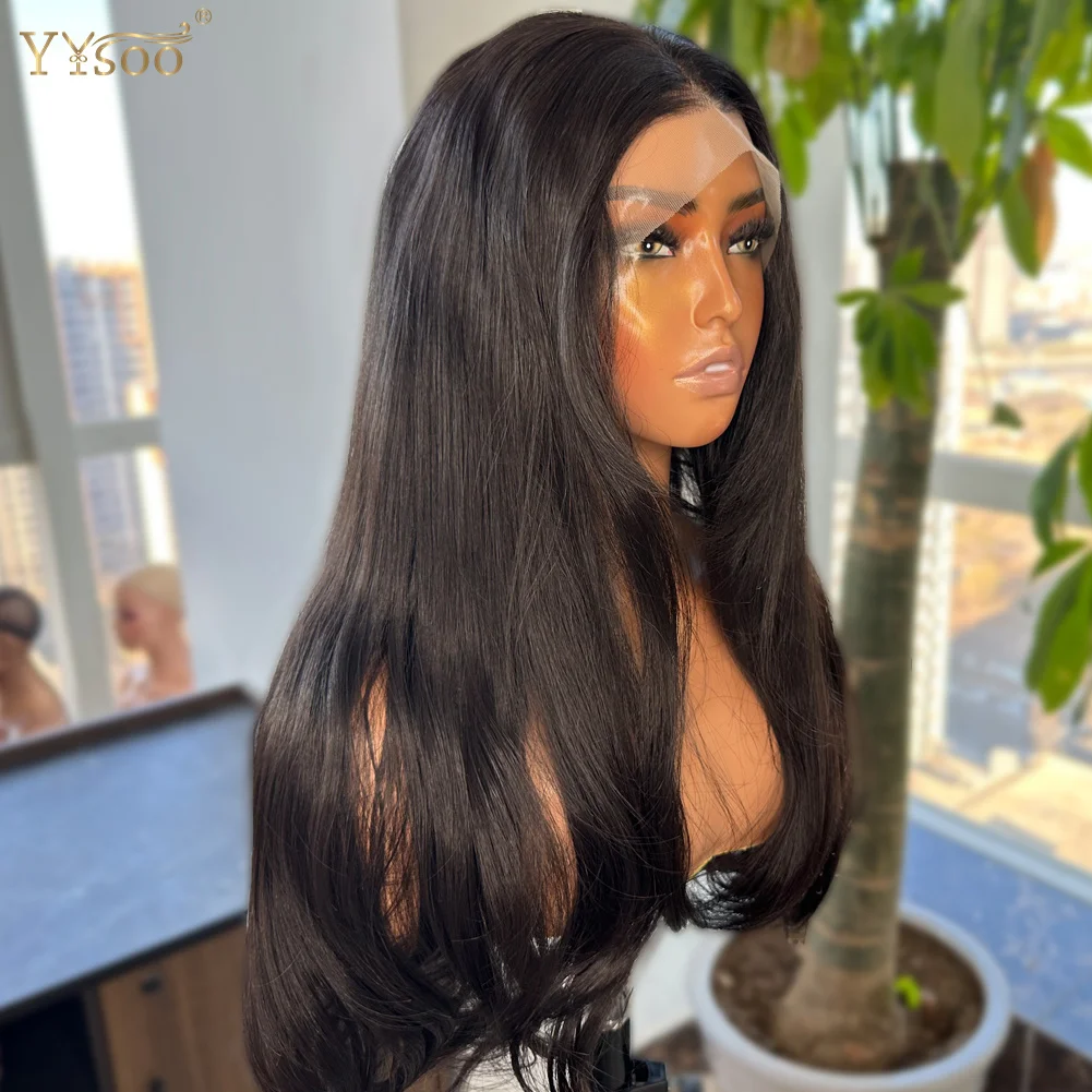 YYsoo Long 1# Black Body Wave Futura Synthetic 13x4 Glueless Lace Front Wigs with Bangs For Black Women Pre Plucked Hairline