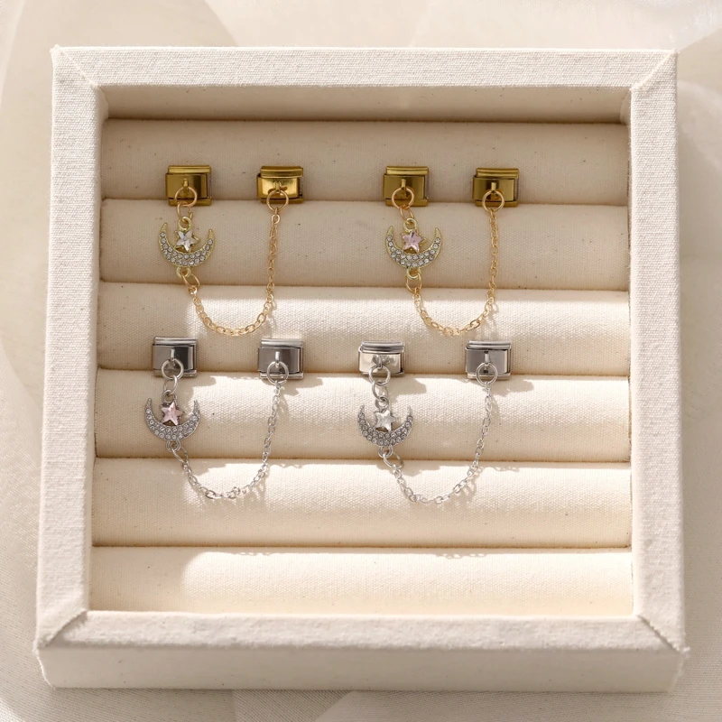 Shiny Zircon Moon Star Butterfly Bow Knot Tassel Chain Italian Charm Links Fit 9mm Stainless Steel Bracelet Men Women DIY Making