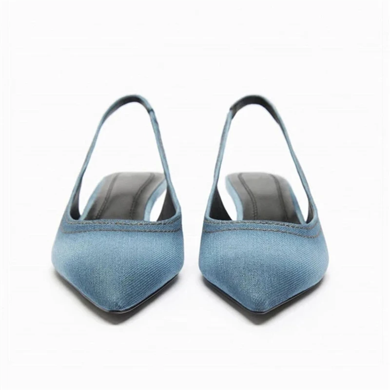 TRAF Blue Denim Fabric Slingbacks Stilettos Women Point Head Thin Low Heel Pumps Shoes New Leisure Concise Sandals For Woman