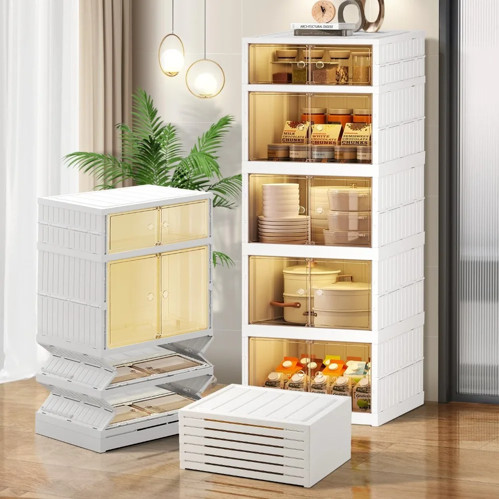 5-Tier 5Grids Folding Storage Box with Doors Clear Plastic Collapsible Storage Bins with Lids Easy