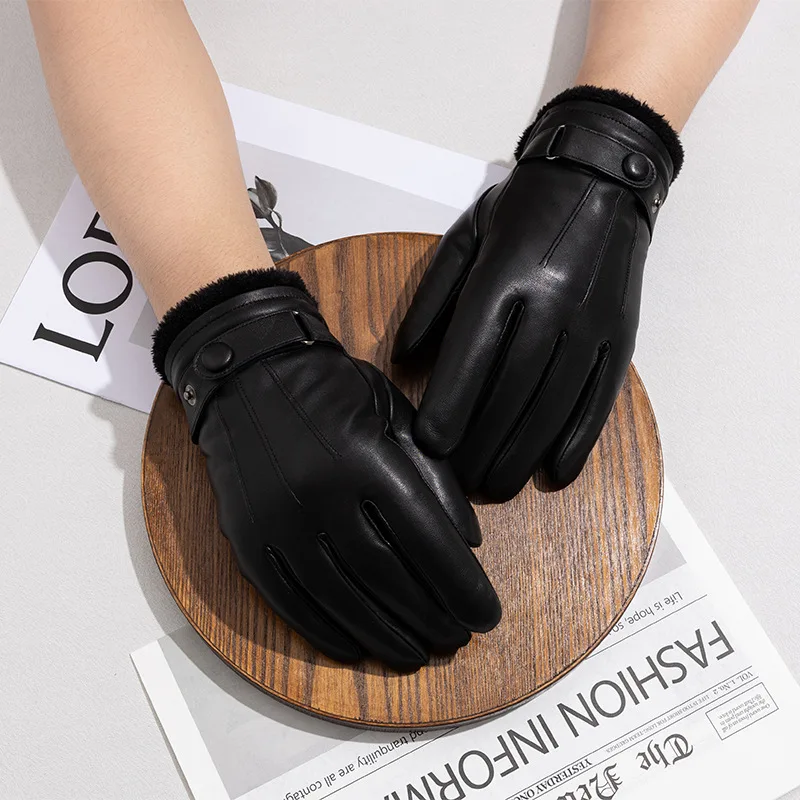 Winter Fashion Black Real Leather Gloves Male Velvet Style Driving Leather Men Gloves Non-Slip Full Fingers Palm Touchscreen