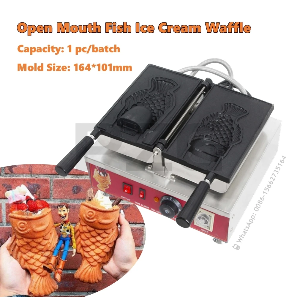 Electric Big Size 1pc Fish Waffle Taiyaki Maker Japanese Fish-Shaped Pancake Ice Cream Waffle Cone Fish Cake Making Machine