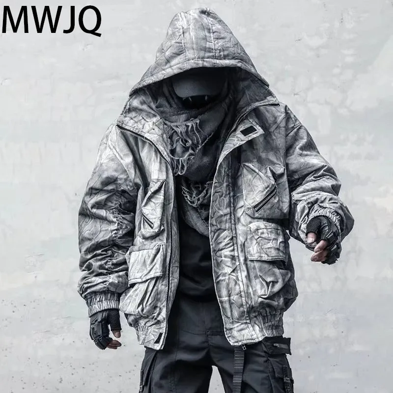 

MWJQ Functional Pleated Tie-dyeed Hooded Thickened Padded Worn-out High Street Vintage Male Coats 2025 Oversize Tide Tops 010105