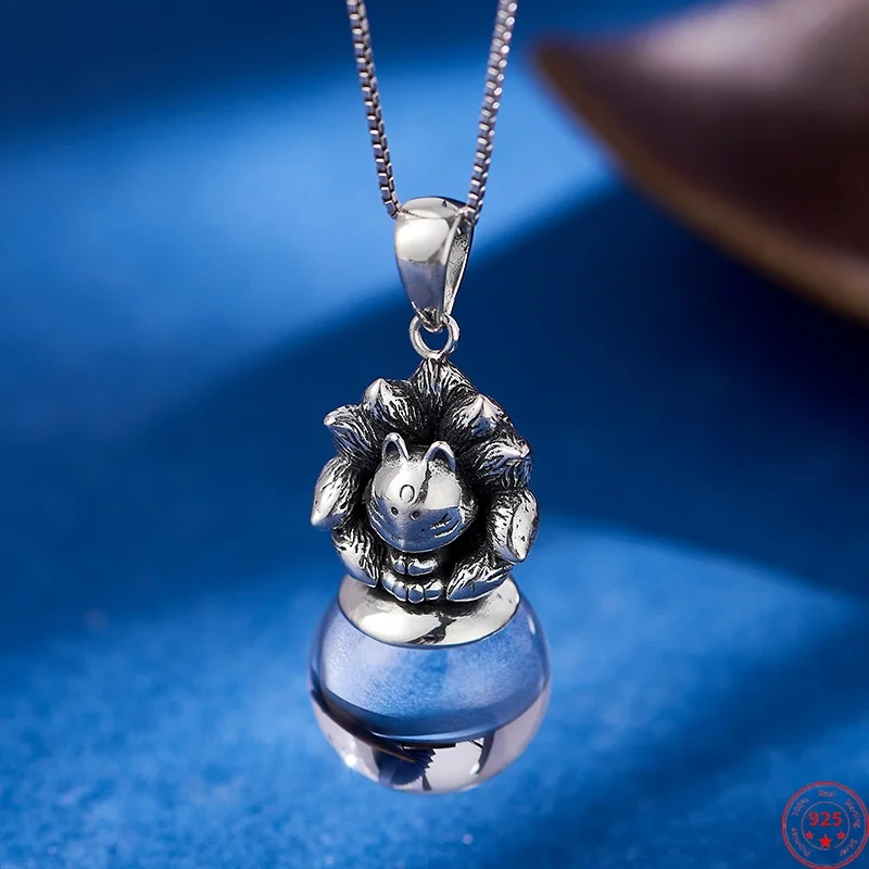 

S925 Sterling Silver Pendant for Women Men Retro Enchase Nine-tails-fox Inlaid Rock Crystal Ball Charm Fashion Jewelry Wholesale