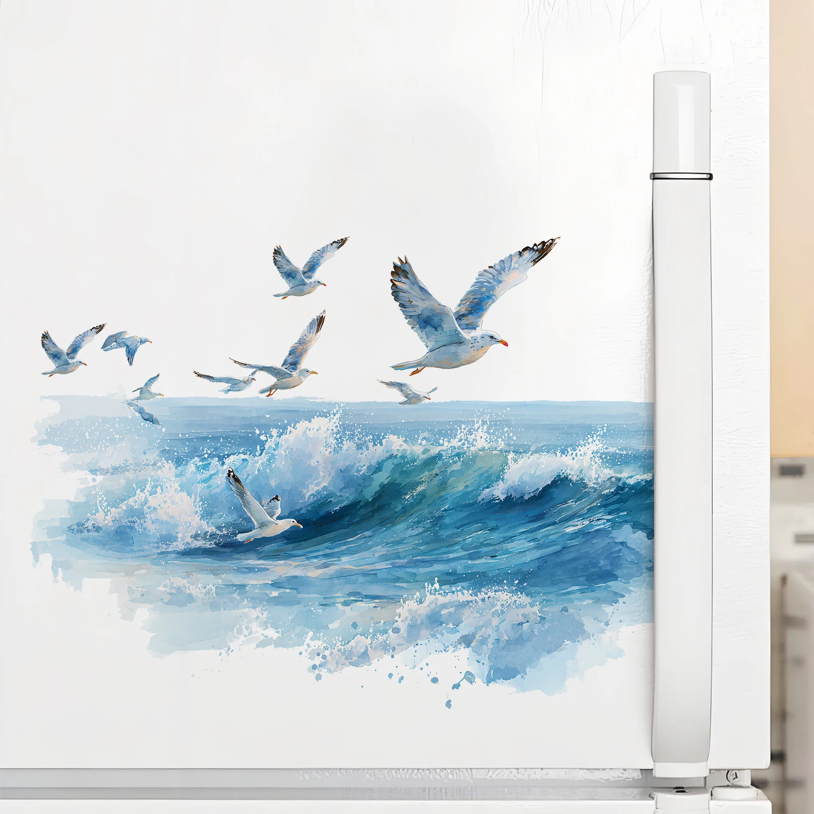 Wasserfarben-Meereswellen-Wandaufkleber, fliegende Möwen über blauem Meer, Vinyl-Aufkleber für die Heimdekoration
