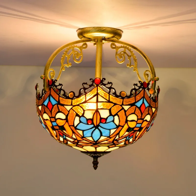 Tiffany Style Stained Glass Ceiling Lamps 12' Wide 2-Light Victorian Semi Flush Mount Lights for Hallway Bedroom Kitchen Office