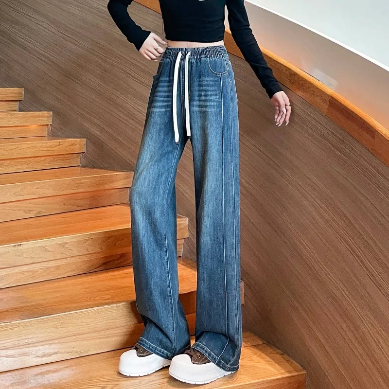 

Осень-зима 2025 г., новый стиль, прямые узкие брюки, узкие женские джинсы с высокой талией, эластичные широкие брюки, женские брюки