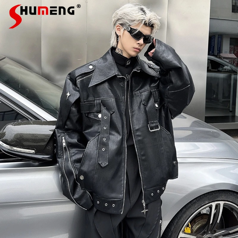 

Fashion Motorcycle Faux Leather Jackets Men 2025 Spring Autumn New American Style High Street Coats Trendy Loose Comfort Jackets