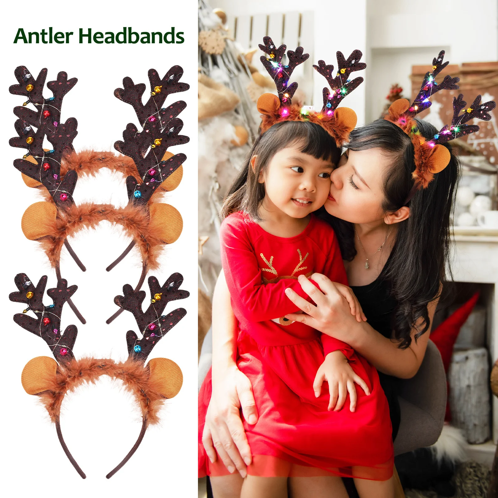 

3Pcs Reindeer Antlers Headband Glitter Christmas Party Costume Accessory Soft Comfortable One Size Fits Most Festive Hair
