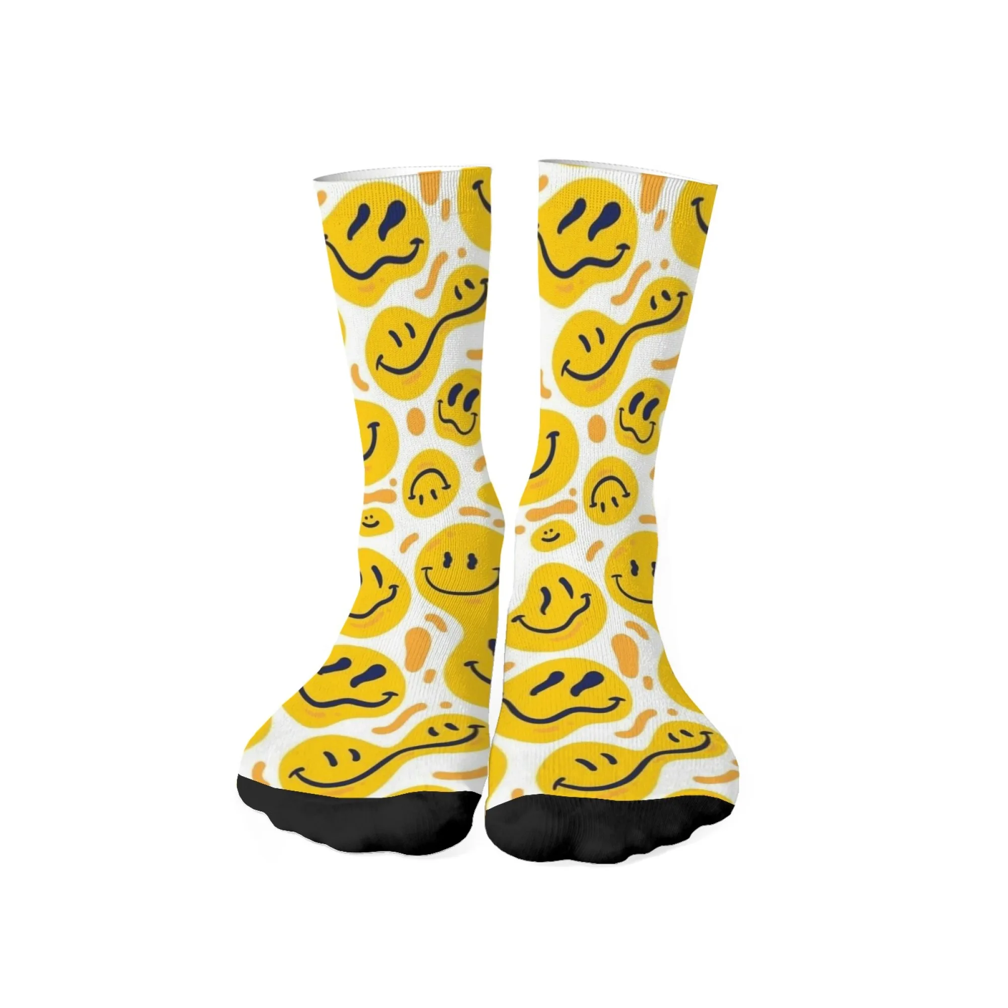 1 Pair All-Season Crew Socks，Smiley Face Pattern Print Polyester, Breathable Stocking for Casual Sports & Outdoor ，Men & Women